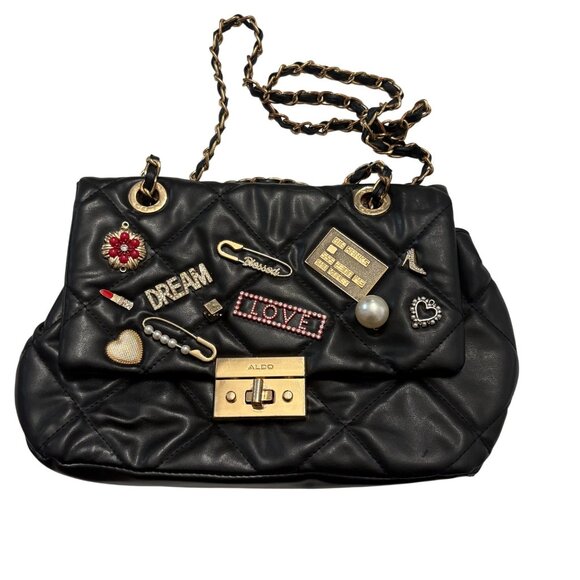 Aldo Black Quilted Chain Strap Shoulder Bag W/ GoldTone Accent & Decorative Pins - Picture 2 of 16